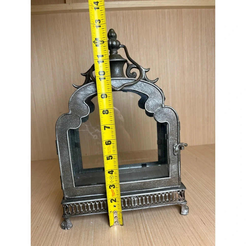 Vintage Moroccan Style Ornate Silver Metal Glass Filigree Candle Lantern Holder